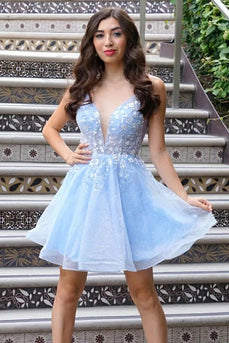 Cute A Line Deep V Neck Light Blue Short Prom Dress with Appliques