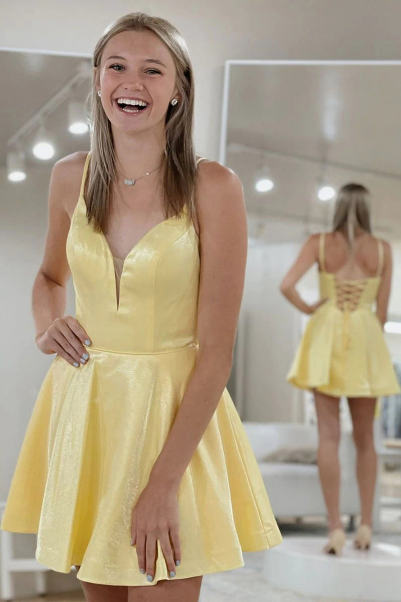 Load image into Gallery viewer, Classic A Line Spaghetti Straps Yellow Graduation Dress with Criss Cross