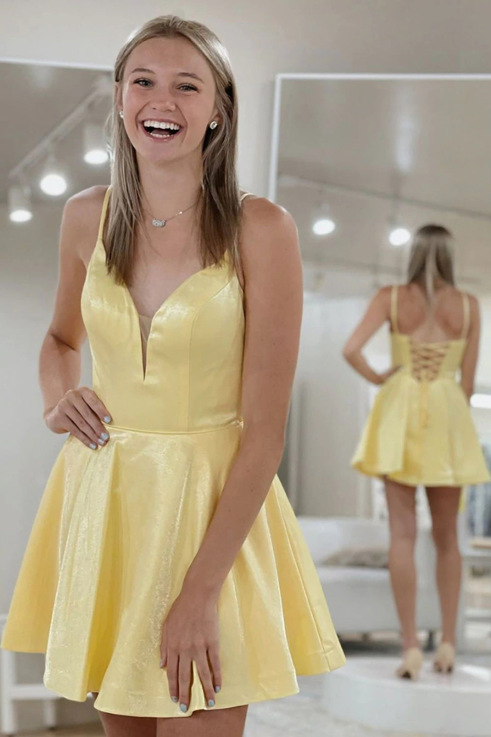 Classic A Line Spaghetti Straps Yellow Graduation Dress with Criss Cross