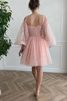 A Line Off the Shoulder Blush Graduation Dress with Long Sleeves