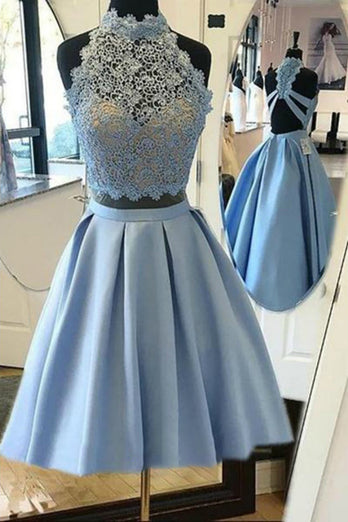 Halter Lace Blue Short Prom Dress