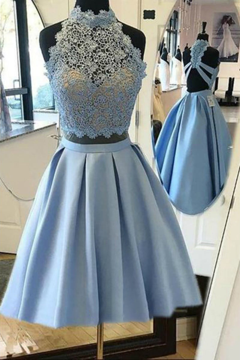 Load image into Gallery viewer, Halter Lace Blue Short Prom Dress