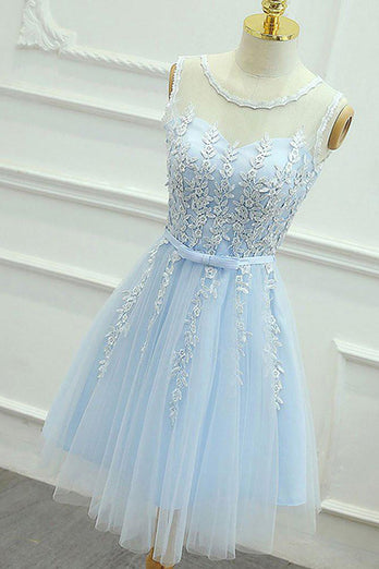 Blue Round Neck A Line Short Prom Dress
