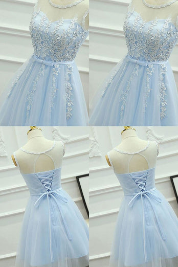 Blue Round Neck A Line Short Prom Dress