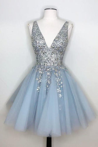 Blue V Neck Short Prom Dress With Beadings