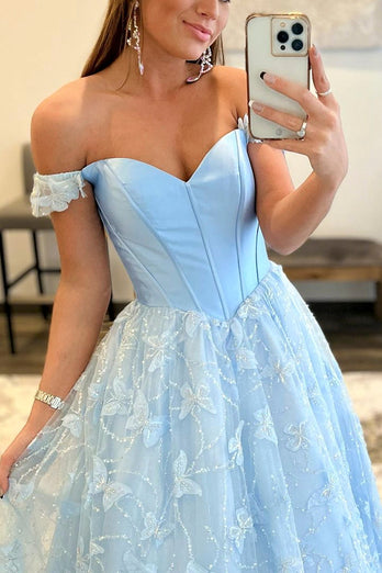 Light Blue Lace Off the Shoulder Princess Prom Dress