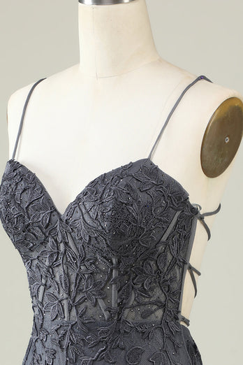 Spaghetti Straps Grey Bodycon Graduation Dress with Appliques