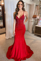 Load image into Gallery viewer, Beading Red Lace-up Back Mermaid Party Dress