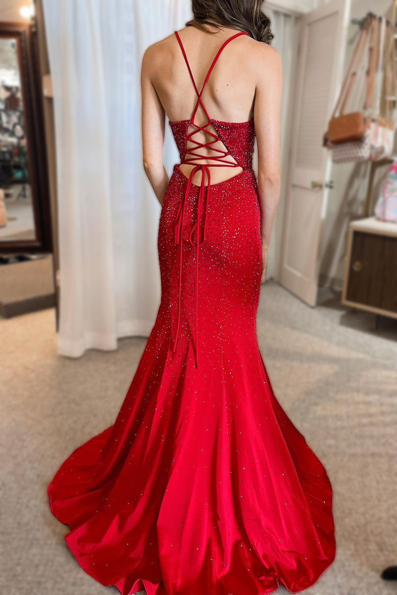 Load image into Gallery viewer, Beading Red Lace-up Back Mermaid Party Dress