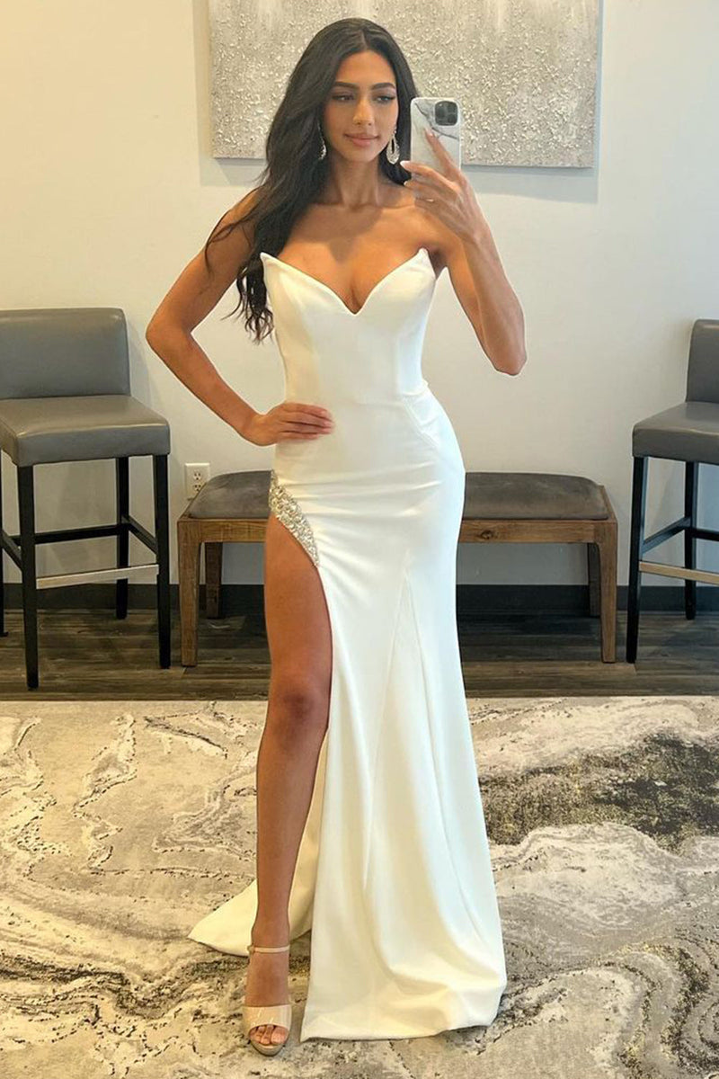Load image into Gallery viewer, White Strapless Beading Mermaid Prom Dress with Slit