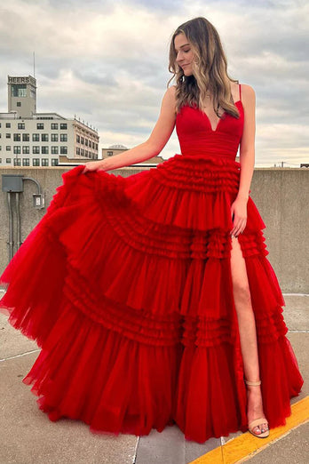 A Line Red Spaghetti Straps Princess Prom Dress with Slit