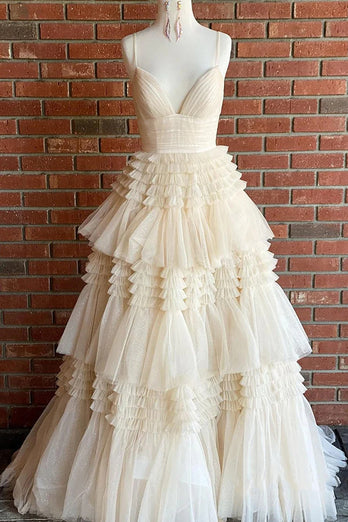 A Line White Spaghetti Straps Princess Prom Dress with Slit