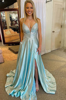Load image into Gallery viewer, Beading Blue Long Prom Dress with Criss Cross Back