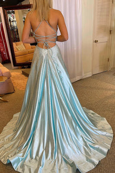 Beading Blue Long Prom Dress with Criss Cross Back