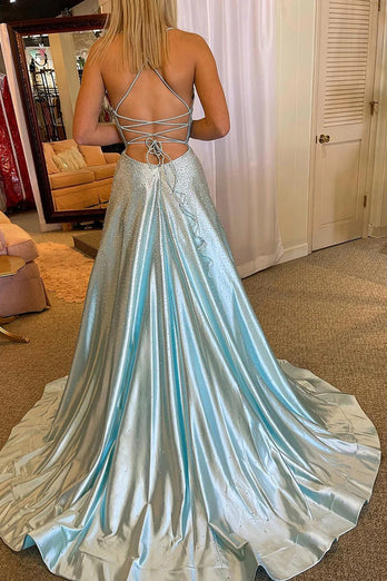 Beading Blue Long Prom Dress with Criss Cross Back