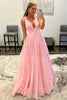 Load image into Gallery viewer, Pink V-Neck Backless Tulle Long Prom Dress
