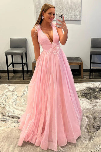 Pink V-Neck Backless Tulle Long Prom Dress