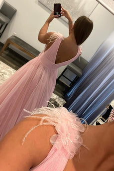 Pink V-Neck Backless Tulle Long Prom Dress