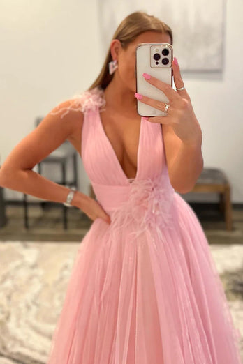 Pink V-Neck Backless Tulle Long Prom Dress