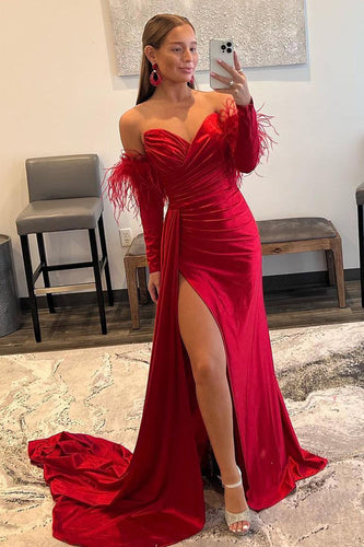 Off the Shoulder Fringes Satin Prom Dress with Slit
