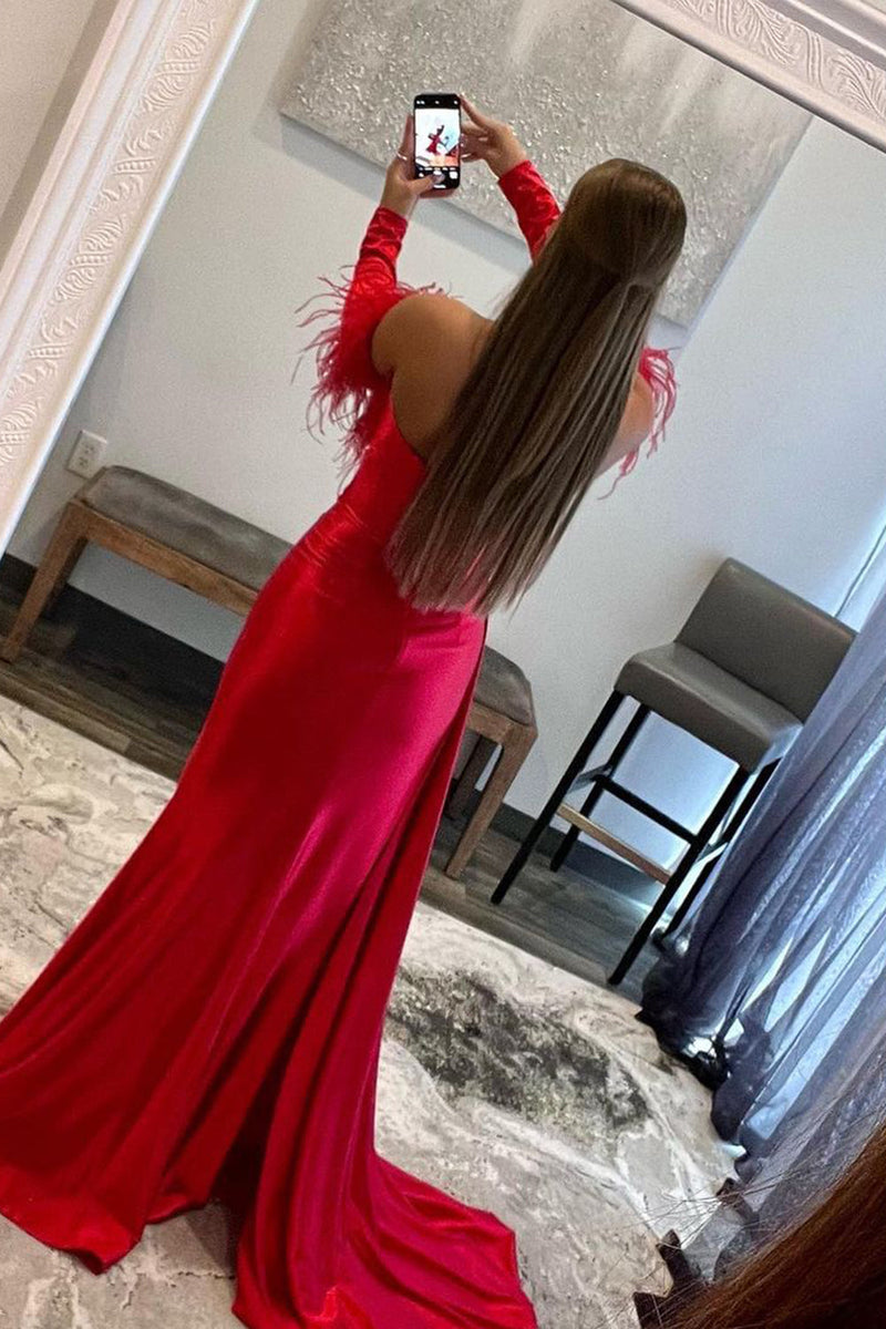 Load image into Gallery viewer, Off the Shoulder Fringes Satin Prom Dress with Slit