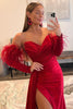 Load image into Gallery viewer, Off the Shoulder Fringes Satin Prom Dress with Slit