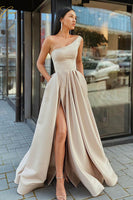 Load image into Gallery viewer, One Shoulder Satin A-line Prom Dress with Slit