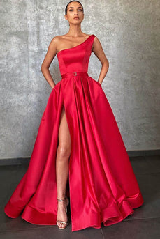 One Shoulder Satin A-line Prom Dress with Slit