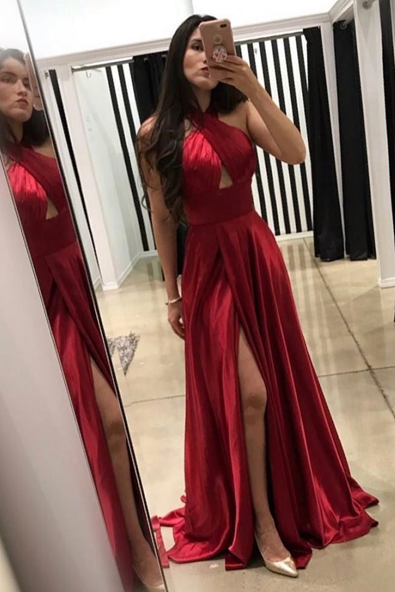 Load image into Gallery viewer, Halter Satin A-line Satin Prom Dress with Slit