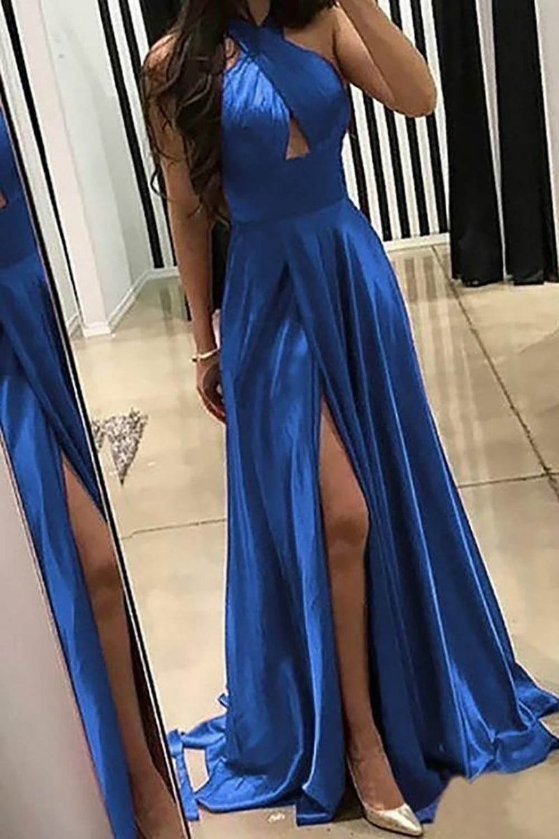 Load image into Gallery viewer, Halter Satin A-line Satin Prom Dress with Slit