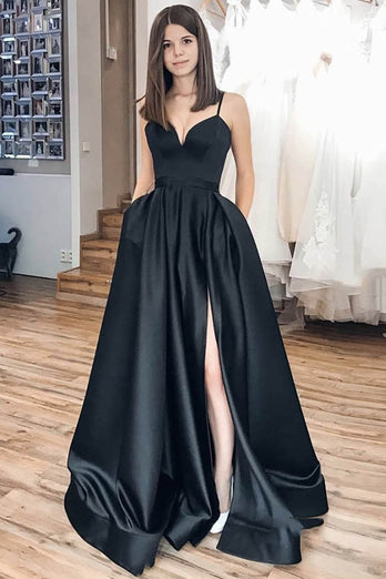 Spaghetti Straps Satin Black Prom Dress with Slit