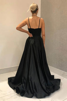 Spaghetti Straps Satin Black Prom Dress with Slit