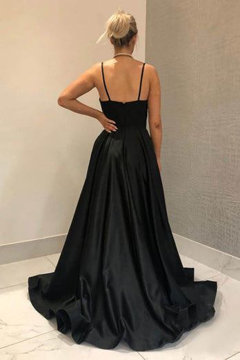 Spaghetti Straps Satin Black Prom Dress with Slit