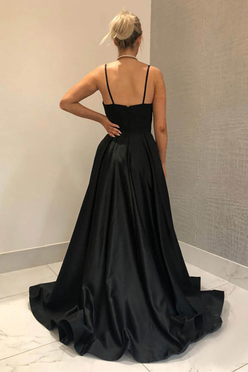 Load image into Gallery viewer, Spaghetti Straps Satin Black Prom Dress with Slit