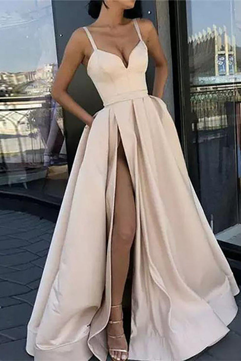 Load image into Gallery viewer, Spaghetti Straps Satin Black Prom Dress with Slit