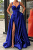 Load image into Gallery viewer, Spaghetti Straps Satin Black Prom Dress with Slit