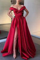 Load image into Gallery viewer, Off the Shoulder Satin A-line Prom Dress with Buttons