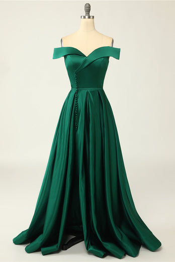 Off the Shoulder Satin A-line Prom Dress with Buttons
