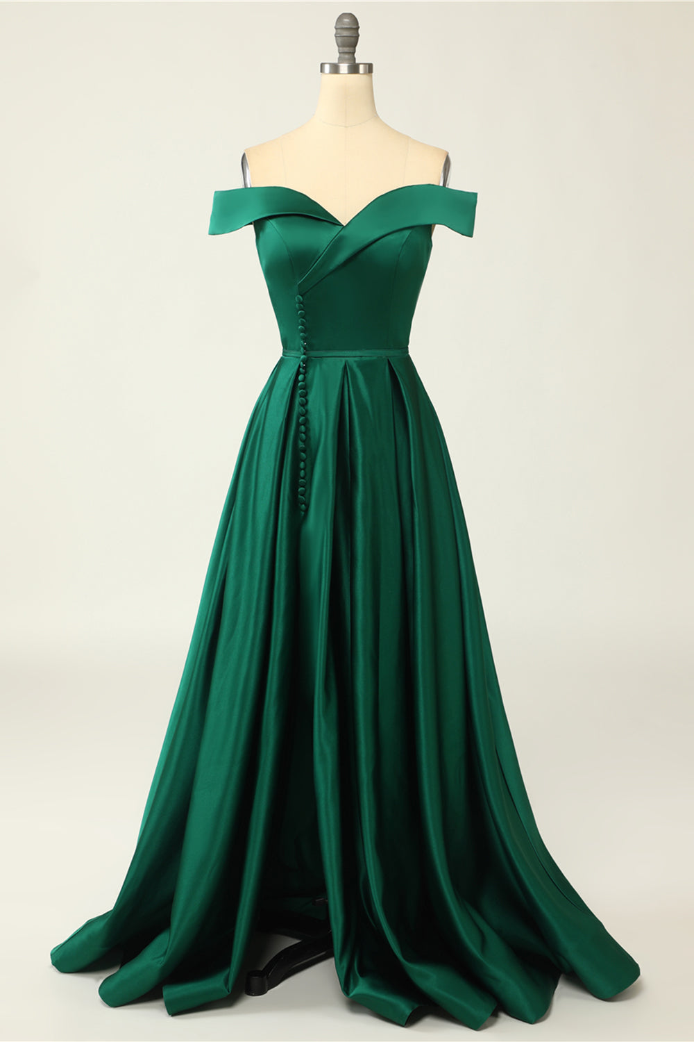 Off the Shoulder Satin A-line Prom Dress with Buttons