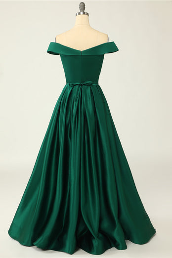 Off the Shoulder Satin A-line Prom Dress with Buttons