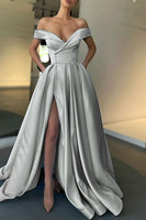 Load image into Gallery viewer, Off the Shoulder Satin A-line Prom Dress with Buttons