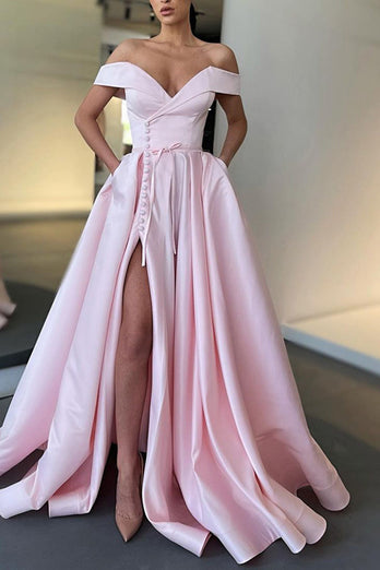 Off the Shoulder Satin A-line Prom Dress with Buttons