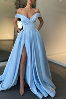 Load image into Gallery viewer, Off the Shoulder Satin A-line Prom Dress with Buttons