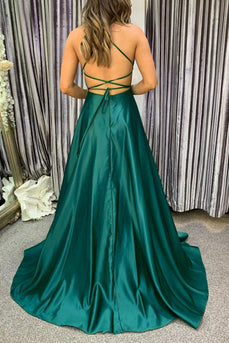 Satin Spaghetti Straps A-line Prom Dress with Slit