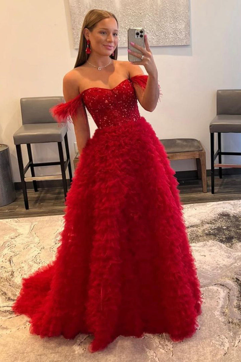 Load image into Gallery viewer, Off the Shoulder Multi-layered Princess Prom Dress with Feathers