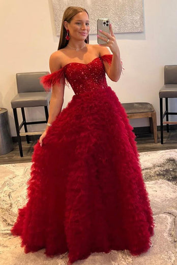 Off the Shoulder Multi-layered Princess Prom Dress with Feathers