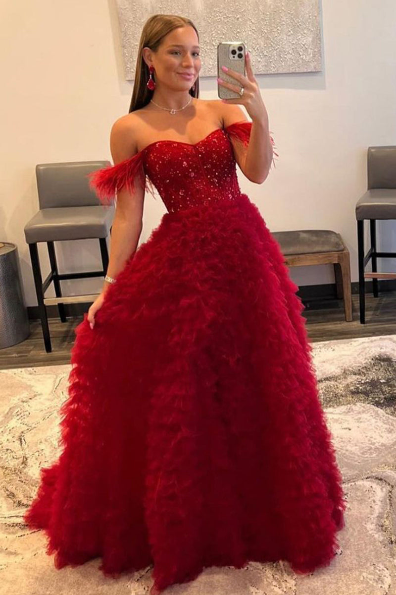 Load image into Gallery viewer, Off the Shoulder Multi-layered Princess Prom Dress with Feathers