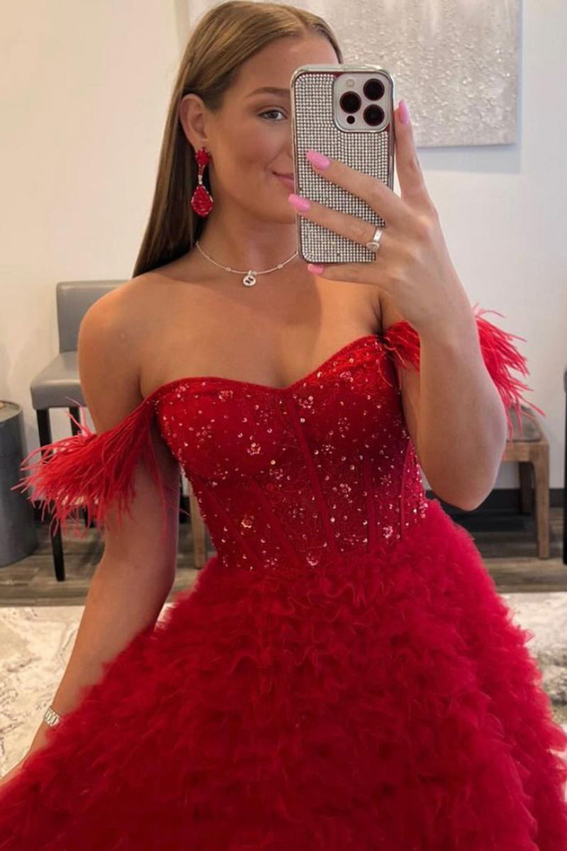Load image into Gallery viewer, Off the Shoulder Multi-layered Princess Prom Dress with Feathers