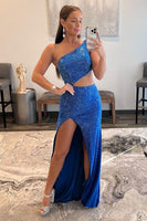 Load image into Gallery viewer, Blue Hollow-out One Shoulder Sequin Prom Dress with Slit