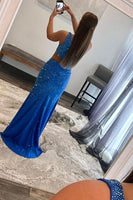 Load image into Gallery viewer, Blue Hollow-out One Shoulder Sequin Prom Dress with Slit